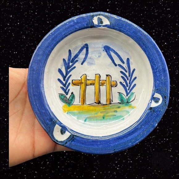 Folk Art Pottery Tauer Rocio Trina Ashtray Hand Painted Wood Fence Signed 5”W - Picture 5 of 10